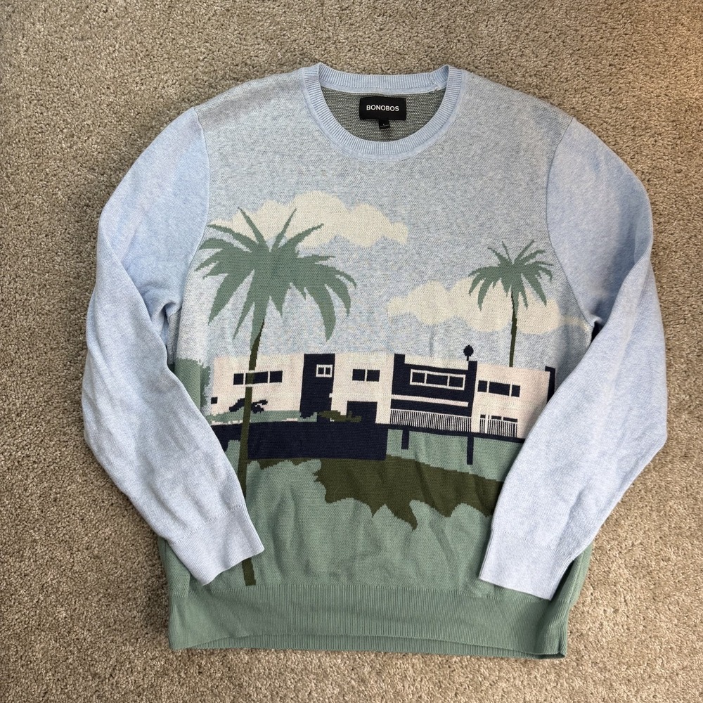 Bonobos Sweater Mens Large Blue Green Tight Knit Graphic Crewneck Pullover